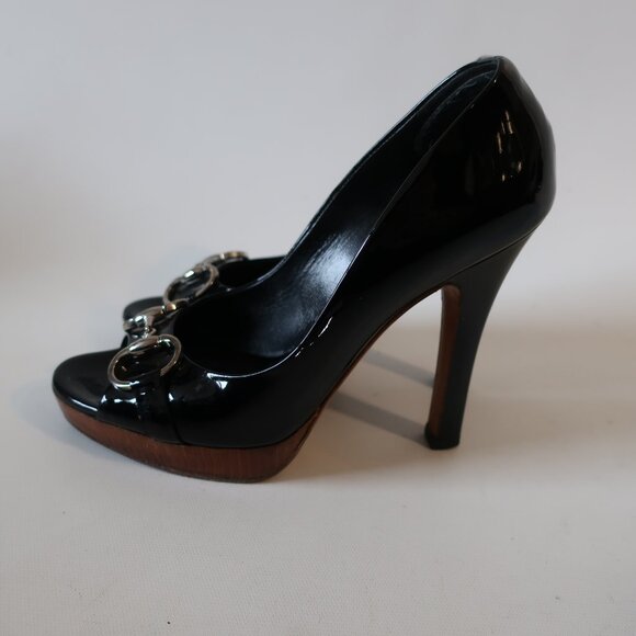Women Gucci Black Patent Leather Horsebit Peep Toe Platform Heels 6 - Picture 4 of 16